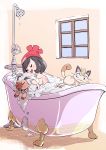  1girl absurdres after_(artist) bangs bathing bathroom bathtub beanie black_hair blush closed_eyes female_protagonist_(pokemon_sm) hat highres indoors meowth nude pokemon pokemon_(game) pokemon_sm red_hat rockruff shared_bathing short_hair soap_bubbles sweatdrop swept_bangs tile_floor tiles water window 