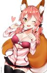  1girl animal_ears bad_id bad_pixiv_id black_legwear breasts cleavage clenched_hands fang fate/extra fate/extra_ccc fate/grand_order fate_(series) fox_ears fox_tail hair_between_eyes hair_ribbon heart highres long_hair long_sleeves looking_at_viewer low_twintails medium_breasts miniskirt one_eye_closed open_mouth paw_pose pink_hair ribbon sabet_(young_ouo) shiny shiny_hair simple_background skirt solo tail tamamo_(fate)_(all) tamamo_no_mae_(fate) twintails twitter_username unzipped white_background yellow_eyes 