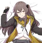  1girl bed black_gloves bow brown_hair buttons eyebrows eyebrows_visible_through_hair fingerless_gloves girls_frontline gloves hair_bow hood hooded_jacket jacket long_hair looking_at_viewer nose parted_lips ribbon scar scar_across_eye side_ponytail skirt solo ump45_(girls_frontline) unbuttoned upper_body very_long_hair xiu_jiayihuizi yellow_eyes 