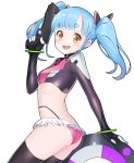  1girl :d arched_back ass bangs black_legwear blue_hair blunt_bangs blush bow elbow_gloves eyebrows_visible_through_hair flip_flappers frills gloves gun hair_bow hand_up highres long_hair looking_at_viewer majicjiang nyunyu open_mouth orange_eyes simple_background skin_tight smile solo thick_eyebrows thigh-highs trigger_discipline twintails weapon white_background 