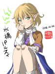  1girl 2016 arm_warmers black_shirt black_skirt blonde_hair brown_shirt character_name dated frills frown green_eyes hand_on_own_cheek inuno_rakugaki knees_up layered_clothing looking_at_viewer mizuhashi_parsee pointy_ears pout scarf shirt short_hair short_sleeves sitting skirt solo touhou white_background white_legwear white_scarf 