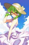  1girl :d bison_cangshu blue_sky breasts clouds dress glasses gloves hat highres looking_at_viewer new_orleans_(zhan_jian_shao_nyu) open_mouth short_hair sky smile straw_hat white_dress white_gloves yellow_eyes zhan_jian_shao_nyu 