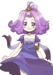  1girl acerola_(pokemon) armlet bangs bare_arms closed_mouth collarbone cowboy_shot dress elite_four flat_chest flipped_hair hair_ornament half_updo looking_at_viewer pokemon pokemon_(game) pokemon_sm purple_dress purple_hair short_hair short_sleeves simple_background smile solo standing stitches torimeiro torn_clothes torn_dress torn_sleeves trial_captain white_background 