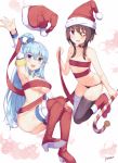  2girls :d \||/ aqua_(konosuba) arm_up armpits artist_name bandaged_leg bangs black_legwear black_panties blue_bow blue_bowtie blue_eyes blue_hair blue_legwear blush boots bow bowtie breasts brooch brown_hair candy candy_cane christmas collar deru06 detached_collar eyebrows_visible_through_hair eyepatch fingernails flat_chest floating food fur-lined_boots hair_between_eyes hair_ornament hair_rings hand_on_thigh hat hat_removed headwear_removed high_heel_boots high_heels holding jewelry kono_subarashii_sekai_ni_shukufuku_wo! long_hair looking_at_viewer medium_breasts megumin multiple_girls naked_ribbon navel one_eye_covered open_mouth panties red_boots red_eyes red_hat ribbon santa_hat shiny shiny_clothes shiny_hair shiny_skin shoe_soles short_hair signature single_thighhigh smile sparkle sphere thigh-highs thigh_boots thigh_gap under_boob underwear underwear_only white_background 