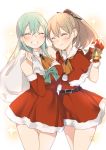  2girls aqua_hair bell belt blush bow brown_hair capelet closed_eyes commentary_request cravat detached_collar detached_sleeves fur-trimmed_capelet fur_trim gift_bag gloves grin kantai_collection kumano_(kantai_collection) long_hair multiple_girls pom_pom_(clothes) ponytail santa_costume smile sparkle suzuya_(kantai_collection) ume_(plumblossom) white_background 