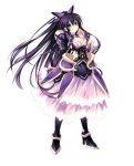  1girl armor armored_dress choker date_a_live dress full_body gloves hand_on_hip highres long_hair looking_at_viewer pauldrons ponytail purple_hair simple_background smile solo standing tsunako v very_long_hair violet_eyes white_background yatogami_tooka 