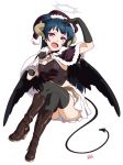  1girl bangs belt black_gloves black_legwear black_wings blue_hair boots capelet choker commentary_request crop_top cross demon_horns demon_tail elbow_gloves feathered_wings fur-trimmed_capelet gloves halo hand_on_own_forehead hat highres horns invisible_chair knee_boots legs_crossed long_hair looking_at_viewer love_live! love_live!_sunshine!! open_mouth sack santa_hat side_bun signature simple_background sitting skirt solo strapless tail takeya_yuuki thigh-highs tsushima_yoshiko violet_eyes white_background white_skirt wings 