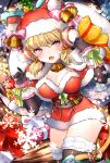  1girl animal_ears bangs bell belt black_gloves black_legwear blonde_hair blurry bow box breasts capelet carrying_over_shoulder cat_ears cat_tail christmas cleavage cowboy_shot depth_of_field dress earmuffs elbow_gloves eyebrows_visible_through_hair eyelashes fang fur-trimmed_dress fur_trim garters gift gift_box gloves hair_ornament hat hat_bow hat_with_ears heart highres holding light_particles lipstick looking_at_viewer makeup microdress open_mouth original pink_bow polka_dot red_dress red_hat ribbon sack santa_costume shichimi shiny shiny_clothes shiny_hair shiny_skin short_hair snowflakes snowing solo star star_print striped tail tail_ornament thigh-highs tongue tree twintails violet_eyes wrist_cuffs wrist_ribbon zettai_ryouiki 
