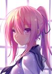  1girl :/ absurdres akabane bow hair_bow hair_ribbon highres long_hair looking_at_viewer original pink_eyes pink_hair ponytail ribbon shade solo window 