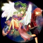  1boy 1girl bare_legs bare_shoulders cheine chiki fire_emblem fire_emblem:_mystery_of_the_emblem green_hair pointy_ears redhead sakuno_shion smile tiara wings 