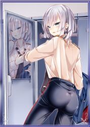  1girl alexis_hilden blue_eyes breasts cleavage collarbone locker_room lowres mirror senjou_no_valkyria senjou_no_valkyria_2 short_hair silver_hair solo 