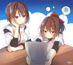  &gt;:t 2girls :t artist_name brown_eyes brown_hair hand_on_own_cheek holding_paper hyuuga_(kantai_collection) ise_(kantai_collection) japanese_clothes jpeg_artifacts kantai_collection multiple_girls paper polka_dot polka_dot_background ponytail pout pouty_lips short_hair signature spoken_squiggle squiggle sweatdrop toosaka_asagi 