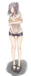  1girl alternate_hairstyle blue_eyes blue_shorts blush blush_stickers breast_hold breasts casual collarbone groin hamakaze_(kantai_collection) highres kantai_collection kei_(soundcross) legs_apart medium_breasts pulled_by_self shirt_pull short_hair short_shorts shorts silver_hair simple_background solo standing sweatdrop twintails white_background 