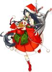  1girl akira_(kadokawa) bare_shoulders black_hair blush boots bow breasts detached_sleeves dress hair_ribbon hair_tubes hat kantai_collection long_hair looking_at_viewer mizuho_(kantai_collection) official_art open_mouth ribbon santa_costume santa_hat sidelocks smile socks solo very_long_hair 