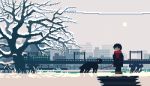  androgynous animated animated_gif black_hair blue_coat bridge city coat dog faceless grass ground_vehicle leash long_sleeves lowres original outdoors red_scarf scarf short_hair snow snowing standing sun toyoi_yuuta train tree winter 