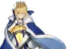  1girl blonde_hair cape crown fate/grand_order fate_(series) fur_trim gauntlets green_eyes saber shirabi_(life-is-free) simple_background solo sword weapon 