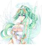  1girl angel_wings breasts choujigen_game_neptune cleavage crossed_arms elbow_gloves four_goddesses_online:_cyber_dimension_neptune gloves green_hair green_heart hair_ornament halo large_breasts leotard long_hair looking_at_viewer neptune_(series) ponytail power_symbol solo translation_request tsunako under_boob vert violet_eyes wings 