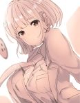  1girl bouncing_breasts breasts buttons dyson_(edaokunnsaikouya) hair_ornament hairclip heart_hair_ornament large_breasts looking_at_viewer monochrome narusawa_ryouka necktie occultic;nine parted_lips short_hair solo 