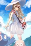  &gt;_&lt; 1girl :d absurdres bag bangs bare_arms bird blonde_hair blue_sky blunt_bangs braid breasts closed_eyes clouds cloudy_sky collared_dress dress duffel_bag green_eyes handbag hat highres lillie_(pokemon) long_hair looking_at_viewer open_mouth owl poke_ball_theme pokemon pokemon_(creature) pokemon_(game) pokemon_sm popplio rowlet sea_lion seolinjang sky sleeveless sleeveless_dress small_breasts smile solo standing strap sun_hat sundress teeth tongue twin_braids white_dress white_hat zipper 