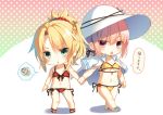  &gt;:t 2girls :o :t bikini blonde_hair braid breasts chibi fate/grand_order fate_(series) florence_nightingale_(fate/grand_order) front-tie_top green_eyes hand_holding hat jpeg_artifacts mordred_(swimsuit_rider)_(fate) multiple_girls navel pink_eyes pink_hair polka_dot polka_dot_background red_bikini saber_of_red sandals side-tie_bikini spoken_squiggle squiggle standing sun_hat swimsuit toosaka_asagi translated under_boob yellow_bikini 