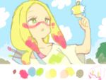  1girl :o blonde_hair blue_sky blush bright_pupils clouds collarbone color_guide cutiefly day drawr facepaint green_eyes long_hair matsurika_(pokemon) notepad oimo_(14sainobba) oimoimo open_mouth oversized_clothes paintbrush pokemon pokemon_(creature) pokemon_(game) pokemon_sm shirt short_sleeves sky tree trial_captain upper_body white_shirt 