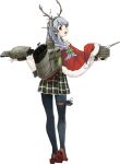  1girl antlers braid cape from_behind fujikawa hair_ornament hairband hat kantai_collection long_hair looking_back machinery official_art open_mouth plaid plaid_skirt pleated_skirt santa_costume santa_hat school_uniform shoes skirt smile solo thigh-highs turret yamagumo_(kantai_collection) 