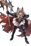  1girl armor armored_boots axe battle_axe blonde_hair boots brown_eyes cape djeeta_(granblue_fantasy) full_body gauntlets gloves granblue_fantasy holding holding_weapon midriff minaba_hideo open_mouth short_hair simple_background skirt standing weapon white_background 