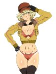  1girl bikini blonde_hair breasts cidney_aurum cleavage cropped_jacket final_fantasy final_fantasy_xv gloves goggles goggles_around_neck green_eyes hand_on_hip hat highres kagemusha looking_to_the_side medium_breasts midriff navel red_bikini shiny shiny_skin short_hair simple_background skindentation smile solo swimsuit tan tanline thighs underwear 