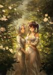  2girls akuma_no_riddle bangs blue_eyes breasts brown_eyes brown_hair commentary_request dress forest glasses gown grey_hair hairband hand_on_another&#039;s_chest head_wreath highres holding kaminaga_kouko lm7_(op-center) medium_breasts multiple_girls nature outdoors see-through short_hair shutou_suzu strapless twintails yuri 
