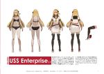  1girl ass back black_bra black_legwear black_panties blonde_hair bra breasts character_sheet cleavage enterprise_(pacific) high_heels highres jeanex long_hair looking_at_viewer midriff navel original pacific panties red_eyes sailor_collar simple_background skirt solo thigh-highs translation_request underwear underwear_only uss_enterprise_(cv-6) white_background 