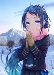  1girl bangs blue_eyes blue_hair brown_gloves clouds coat gloves gradient_hair hands_together hane_yoshiyumi highres kantai_collection long_hair matching_hair/eyes mountain multicolored_hair outdoors pink_scarf samidare_(kantai_collection) scarf sky smile snow solo swept_bangs tree very_long_hair winter_clothes 