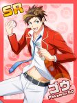  1boy aoi_taishi border brown_hair card_(medium) character_name idol jacket looking_at_viewer male_focus male_protagonist_(pokemon_go) microphone midriff necktie poke_ball_print pokemon pokemon_go red_border red_jacket smile solo visor_cap 