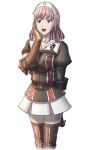  1girl blue_eyes brown_gloves clarissa_callaghan collar gloves hat nurse_cap official_art open_mouth pink_hair pleated_skirt senjou_no_valkyria senjou_no_valkyria_3 short_hair simple_background skirt solo transparent_background white_skirt 