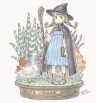  1girl 2016 artist_name bird black_cape black_hat blue_dress blue_eyes book braid brown_shoes cape dated dress fantasy goose hat holding holding_book isakawa_megumi original plant shoes staff twin_braids witch witch_hat 