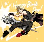  1boy action blonde_hair blue_eyes boots chains decoponmagi denim final_fantasy final_fantasy_xv fingerless_gloves full_body gloves grin gun happy_birthday holding holding_gun holding_weapon jeans male_focus one_eye_closed pants prompto_argentum smile solo star starry_background vest weapon yellow_background 