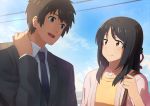  1boy 1girl bangs black_hair blue_necktie blue_sky blush brown_eyes brown_hair cardigan clouds cloudy_sky collared_shirt dacchi day dress_shirt eye_contact formal grey_eyes hand_on_own_neck hand_up highres holding_strap kimi_no_na_wa long_hair looking_at_another miyamizu_mitsuha necktie open_mouth outdoors red_string shirt sky smile star_necklace string suit tachibana_taki white_shirt yellow_shirt 