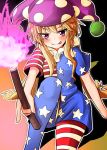  1girl absurdly_long_hair american_flag_dress american_flag_legwear blonde_hair clownpiece dress fire hat highres jester_cap licking_lips long_hair neck_ruff oshiaki pink_eyes short_dress short_sleeves smile tongue tongue_out torch touhou very_long_hair 