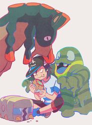  1boy alola_form alolan_grimer bangs baseball_cap biting black_hair black_hat capri_pants charjabug eating foil food food_on_face grey_background grimer hat indian_style katou_(osoraku) malasada male_focus male_protagonist_(pokemon_sm) mudsdale pants pokemon pokemon_(creature) pokemon_(game) pokemon_sm saliva shirt shoes short_hair simple_background sitting sneakers striped striped_shirt swept_bangs t-shirt wavy_mouth 