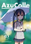  1girl black_hair black_skirt brown_eyes casual cover cover_page doujin_cover engrish highres k-on! long_hair looking_at_viewer masamuuu nakano_azusa rain skirt standing twintails umbrella 