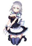  1girl apron blue_dress blue_eyes boots braid card dress izayoi_sakuya knife maid maid_headdress puffy_short_sleeves puffy_sleeves rinaka_moruchi short_sleeves silver_hair smile solo touhou twin_braids 