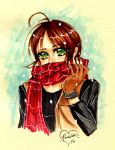  1girl 2016 70s 80s ahoge brown_hair dated gloves green_eyes highres jyn_erso looking_at_viewer oldschool original parody passion redesign rogue_one:_a_star_wars_story scarf signature sketch snowing solo star_wars style_parody traditional_media vest 