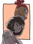  1girl absurdres after_(artist) bangs beanie black_hair blue_eyes blush crossed_arms female_protagonist_(pokemon_sm) floral_print from_below hat highres looking_at_viewer on_head pokemon pokemon_(creature) pokemon_(game) pokemon_sm red_hat rowlet shirt short_hair short_sleeves smile swept_bangs t-shirt 