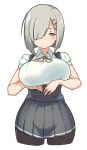 1girl black_legwear blue_eyes blue_skirt blush breast_hold breasts closed_mouth collared_shirt corset dress_shirt hair_ornament hair_over_one_eye hairclip hamakaze_(kantai_collection) kantai_collection kei_(soundcross) large_breasts neck_ribbon pantyhose pleated_skirt ribbon shirt short_hair short_sleeves silver_hair simple_background skirt smile solo white_background yellow_ribbon 