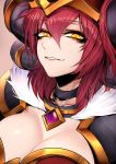  alexstrasza blizzard breasts cleavage close-up highres horns j.k. redhead smile solo warcraft world_of_warcraft yellow_eyes 