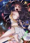  &gt;:d 1girl :d anklet artist_name bare_shoulders barefoot black_bow black_gloves bow breasts bridal_gauntlets crystal earrings elbow_gloves fate/grand_order fate_(series) feet foreshortening gloves hair_bow hairband highres ishtar_(fate/grand_order) jewelry leg_up looking_at_viewer medium_breasts open_mouth orange_eyes outstretched_arm rindo8_(rindo7) shield signature single_glove smile solo standing standing_on_one_leg teeth toes tohsaka_rin twintails 