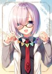  1girl :d announcement_celebration fate/grand_order fate_(series) glasses highres jpeg_artifacts lavender_hair necktie open_mouth shielder_(fate/grand_order) short_hair smile solo string_of_flags toosaka_asagi violet_eyes 