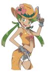  1girl :d armpit_peek bare_shoulders belt blush_stickers bra breasts chaps cleavage cow_girl cutoffs dark_skin denim denim_shorts dual_wielding fingerless_gloves flower_ornament from_side gloves green_eyes green_hair gun handgun hat hat_tip itamochi jacket looking_at_viewer mallow_(pokemon) midriff navel open_clothes open_jacket open_mouth pink_bra pokemon pokemon_(game) pokemon_sm revolver shorts simple_background sleeveless smile solo twintails underwear weapon white_background 