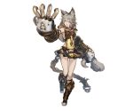 1girl animal_ears breasts claw_(weapon) claws fangs gloves granblue_fantasy grey_hair hair_between_eyes looking_at_viewer official_art open_mouth red_eyes sen_(granblue_fantasy) skirt smile solo weapon 