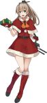  aqua_eyes ascot boots brown_hair dress gift green_hair hair_ornament kantai_collection konishi_(koconatu) kumano_(kantai_collection) long_hair machinery mittens official_art open_mouth ponytail santa_costume smile turret 