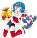  1girl alternate_costume bare_shoulders bell bell_collar blue_eyes blue_hair box christmas clothed_pokemon collar full_body fur_trim gift gift_box hairband hat hood hoodie jingle_bell jumping looking_at_viewer one-piece_swimsuit pokemon pokemon_(game) pokemon_sm popplio santa_costume santa_hat short_hair suiren_(pokemon) swimsuit swimsuit_under_clothes trial_captain white_background yukian 